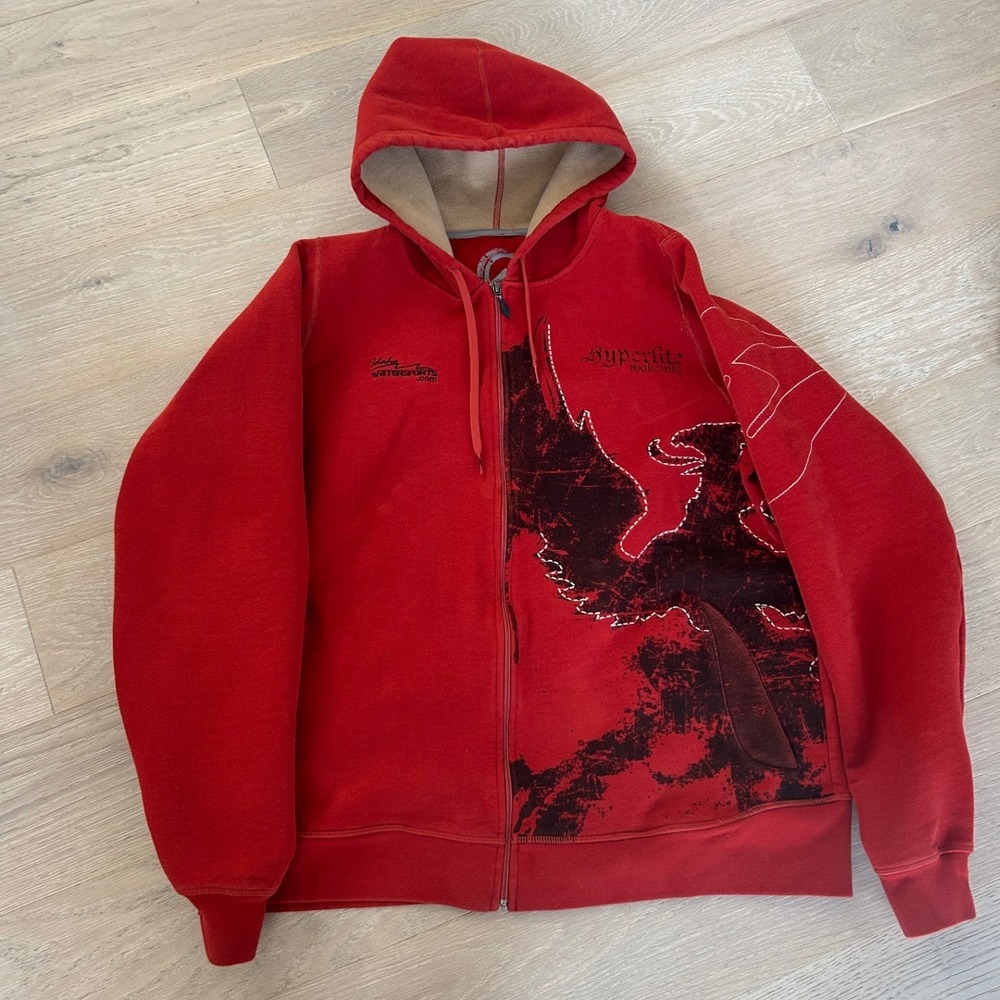 Y2K Embroidered Red Zip Up Hoodie Distressed Graphic Mens XXL Idaho Sport